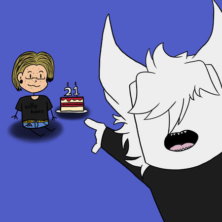 a piece i did for my 21st birthday, kade doing the wojack point meme at me sitting in the background with a birthday cake